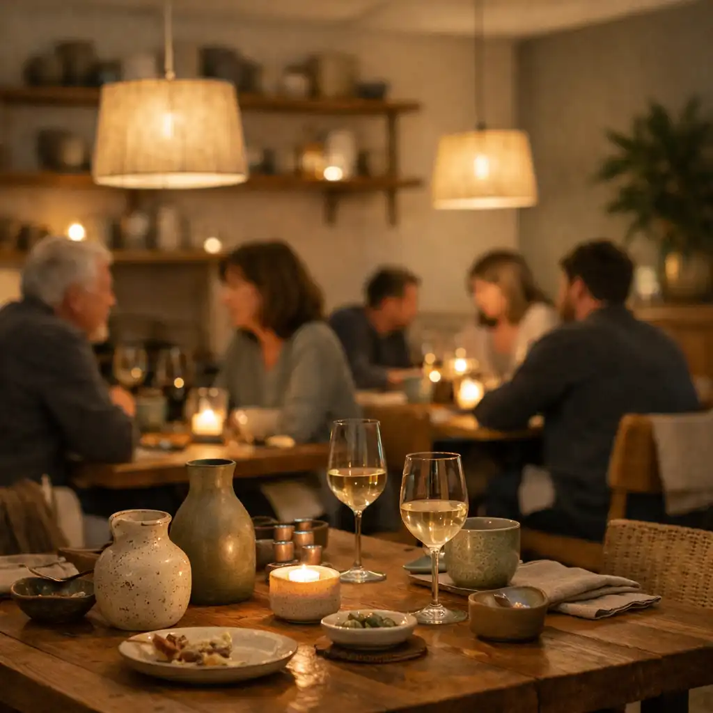 Tlumený večerní interiér restaurace s několika stoly