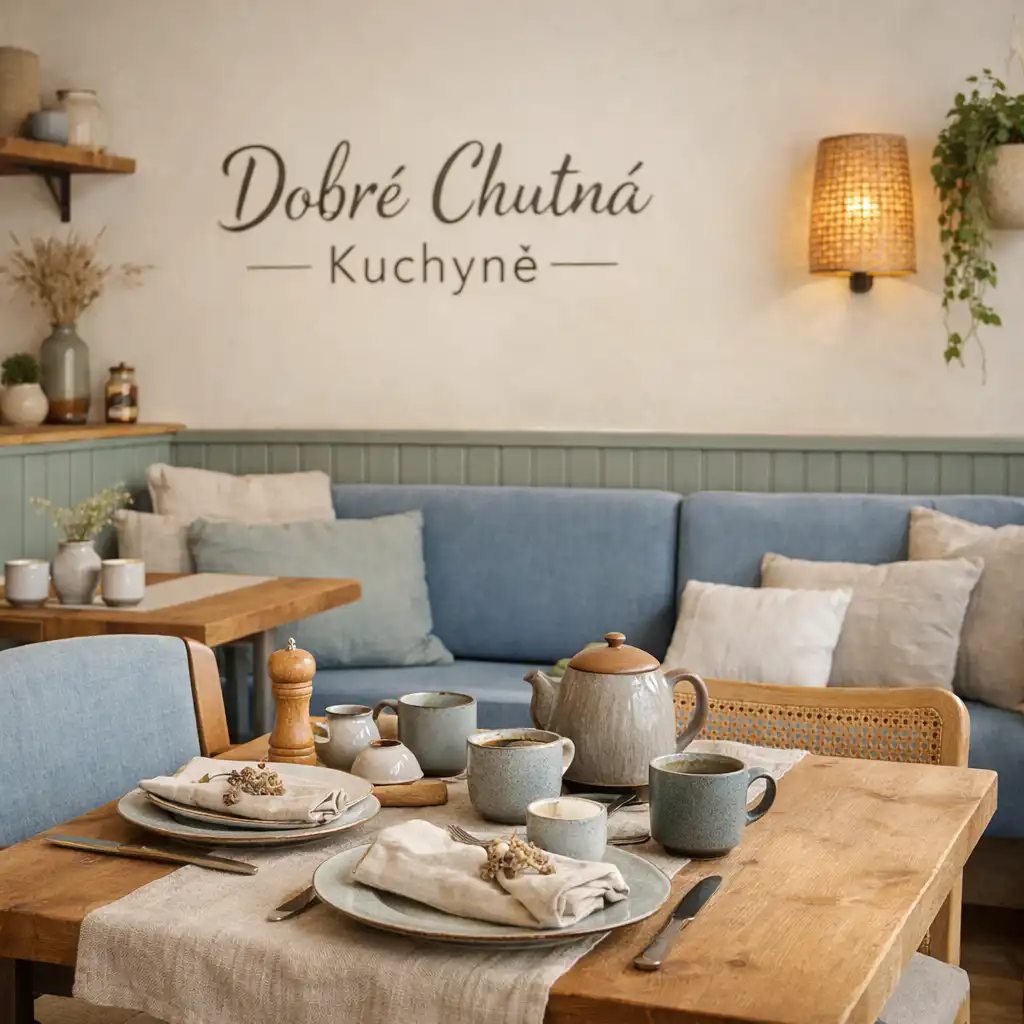 Klidné zákoutí restaurace s připraveným stolem, keramikou a lněnými textiliemi