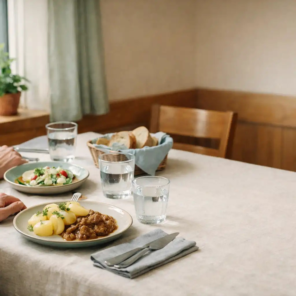 Prostřený společný stůl v přirozeně osvětlené restauraci