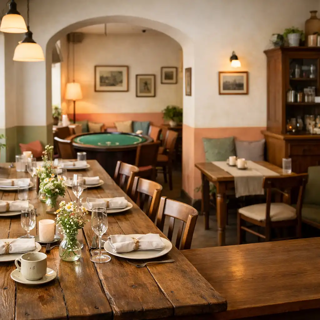 Dlouhý společný stůl v klidném interiéru restaurace