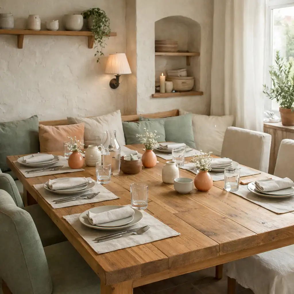 Světlé zákoutí restaurace s připraveným dřevěným stolem